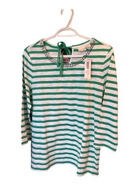 Chico's Green and White Striped Embellished Neck Tee